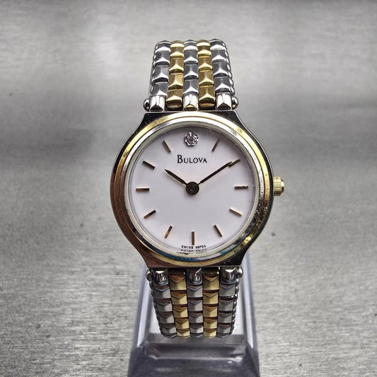 Bulova Watch Women 24mm White Dial Two Tone Diamond Accent Round 98P04 New Batt0