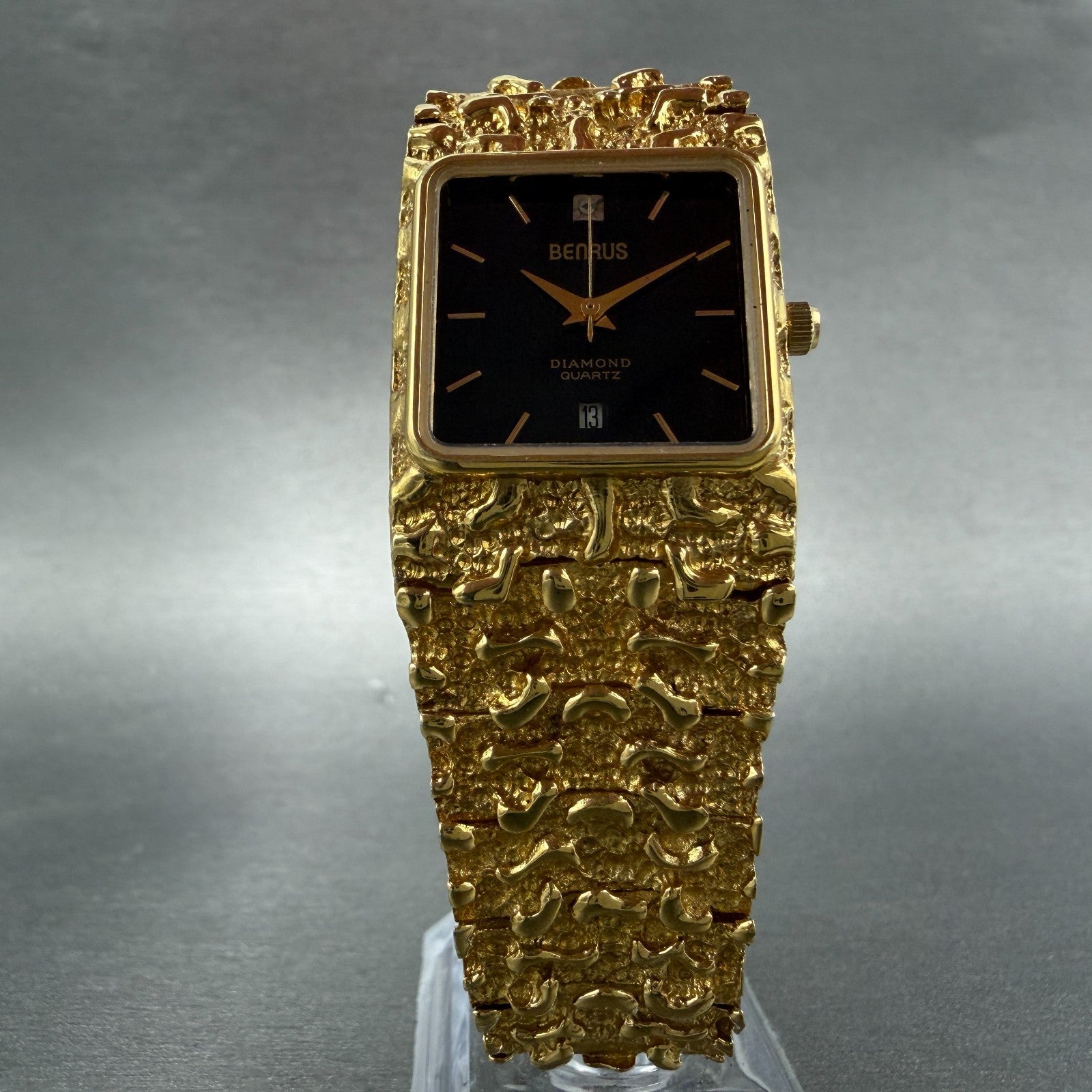 Benrus Gold Nugget Watch Unisex 28mm Black Dial Gold Tone Date Rectangle New bat5