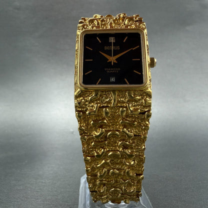 Benrus Gold Nugget Watch Unisex 28mm Black Dial Gold Tone Date Rectangle New bat5