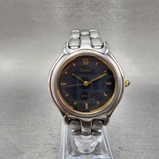 Seiko Dolce Watch Men 33mm Black Dial Silver Tone 5e31-6e90 New Battery