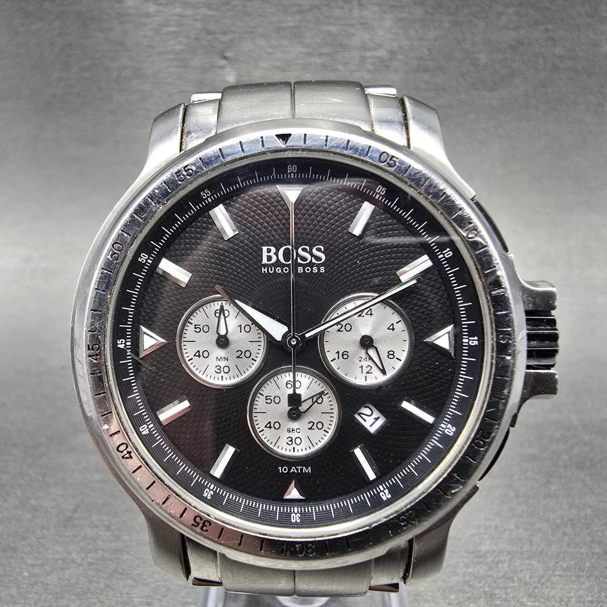 Hugo Boss Chronograph Watch Men 44mm Black Dial Silver Tone Date 1512109 New Bat0