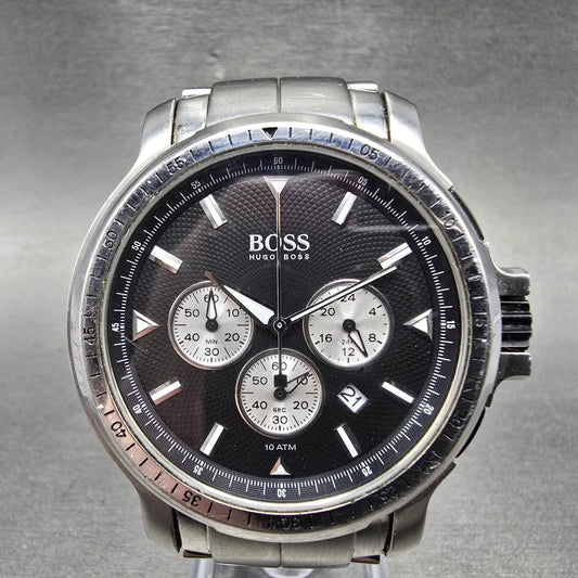 Hugo Boss Chronograph Watch Men 44mm Black Dial Silver Tone Date 1512109 New Bat0