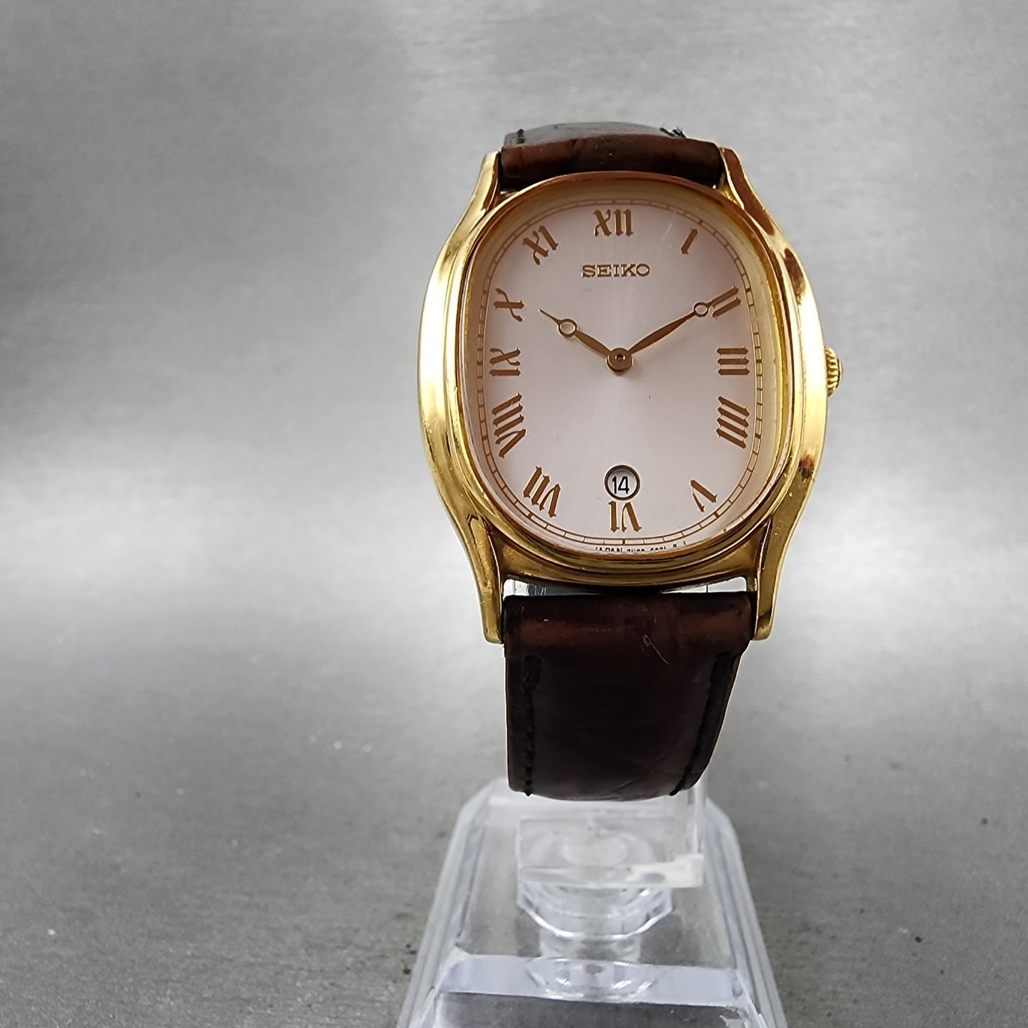 Seiko Tank Watch Men 29mm Silver Dial Gold Tone Date 7n295221 New Battery5
