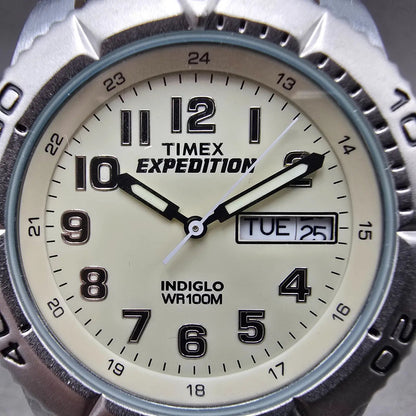 Timex Expedition Dive Watch Men 40mm Cream Dial Silver Tone Daydate New Battery1