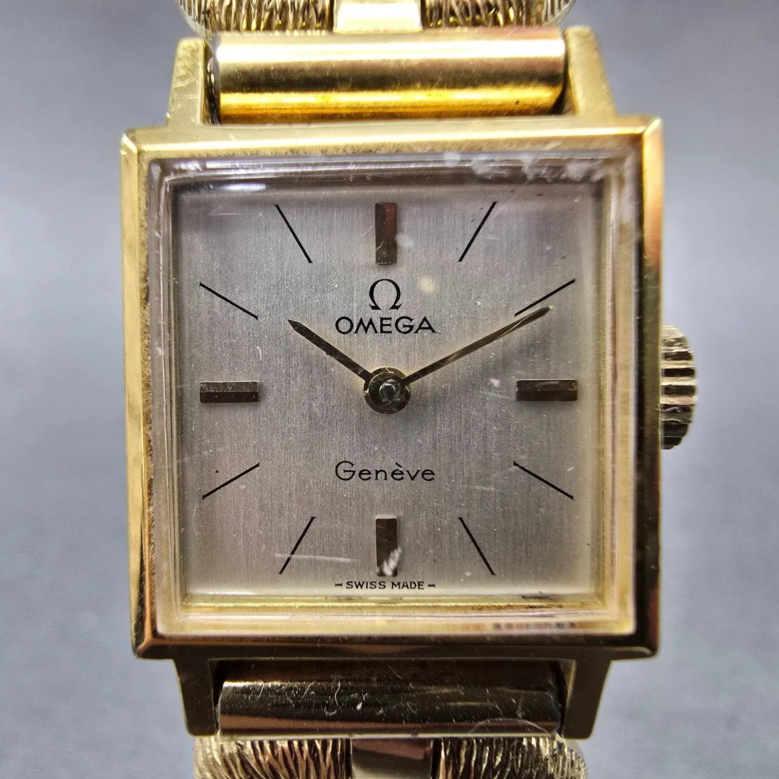 Omega Geneve Tank Watch Women 17mm Silver Dial Gold Plated Manual Wind Runs VTG1
