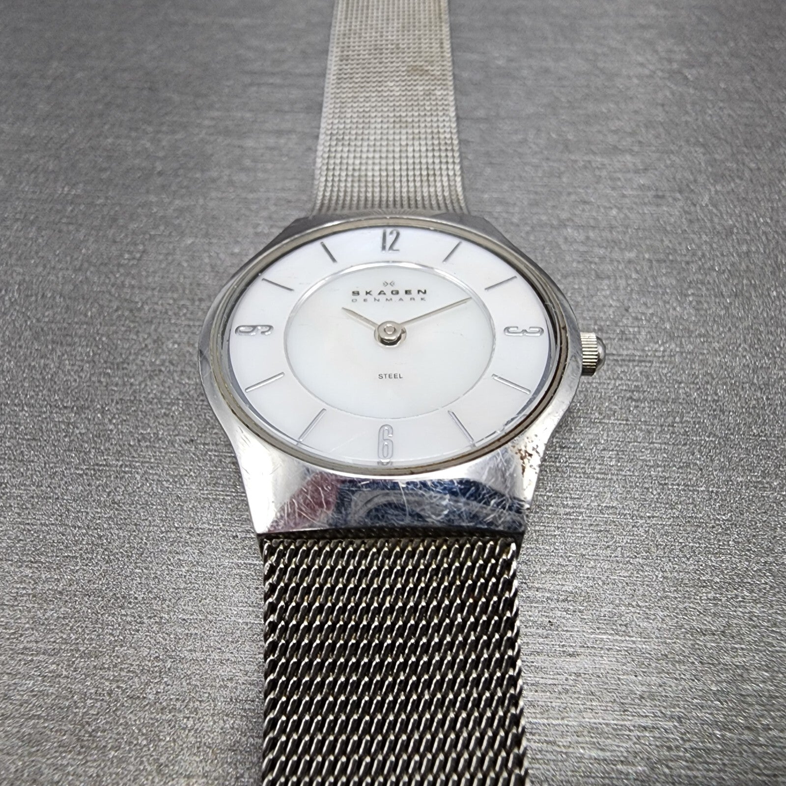 Skagen Steel Watch Women 24mm MOP Dial Stainless Steel Round Mesh band READ Runs2