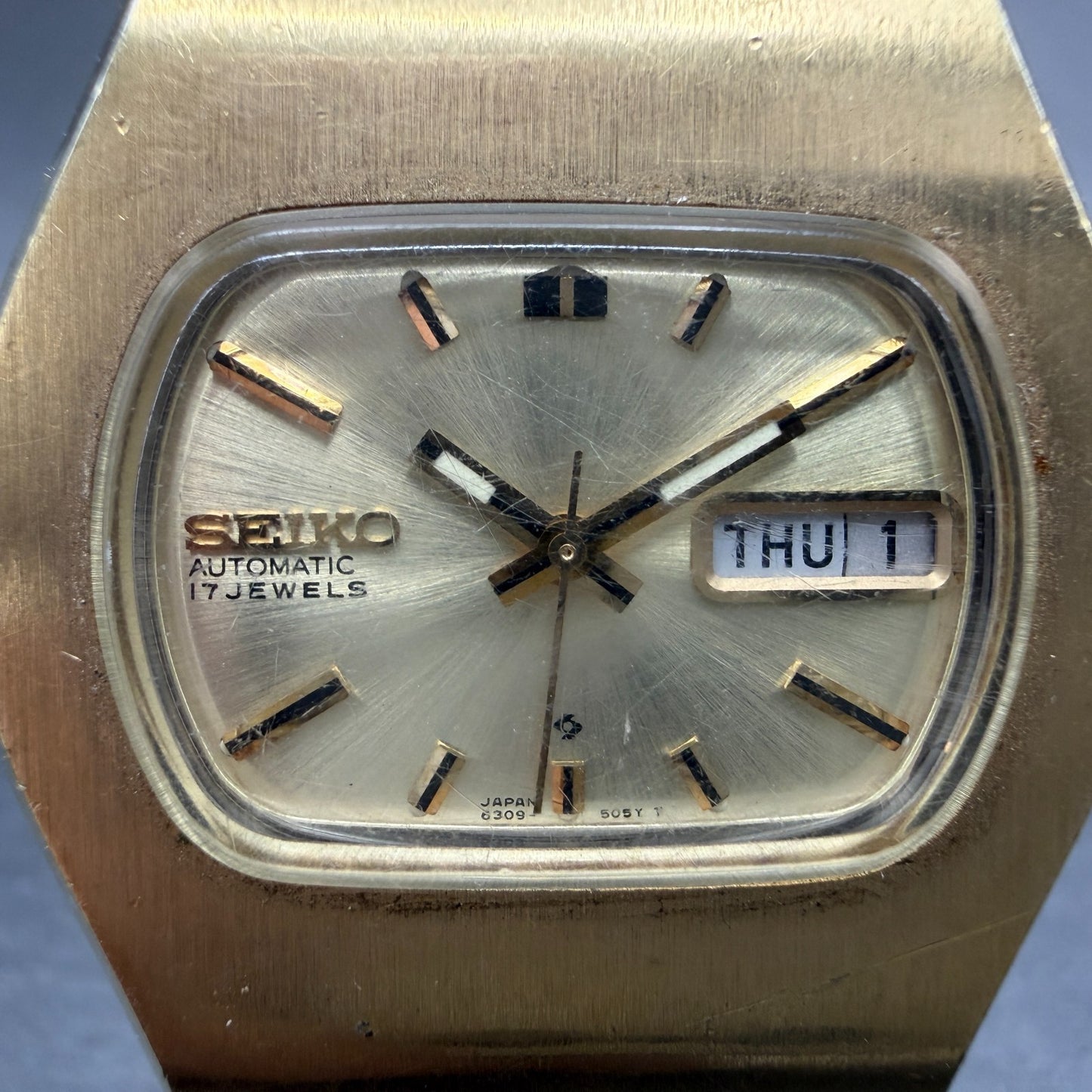 Seiko Automatic Watch Men 37mm Champagne Dial Gold Daydate 6309-5059 Runs VTG1