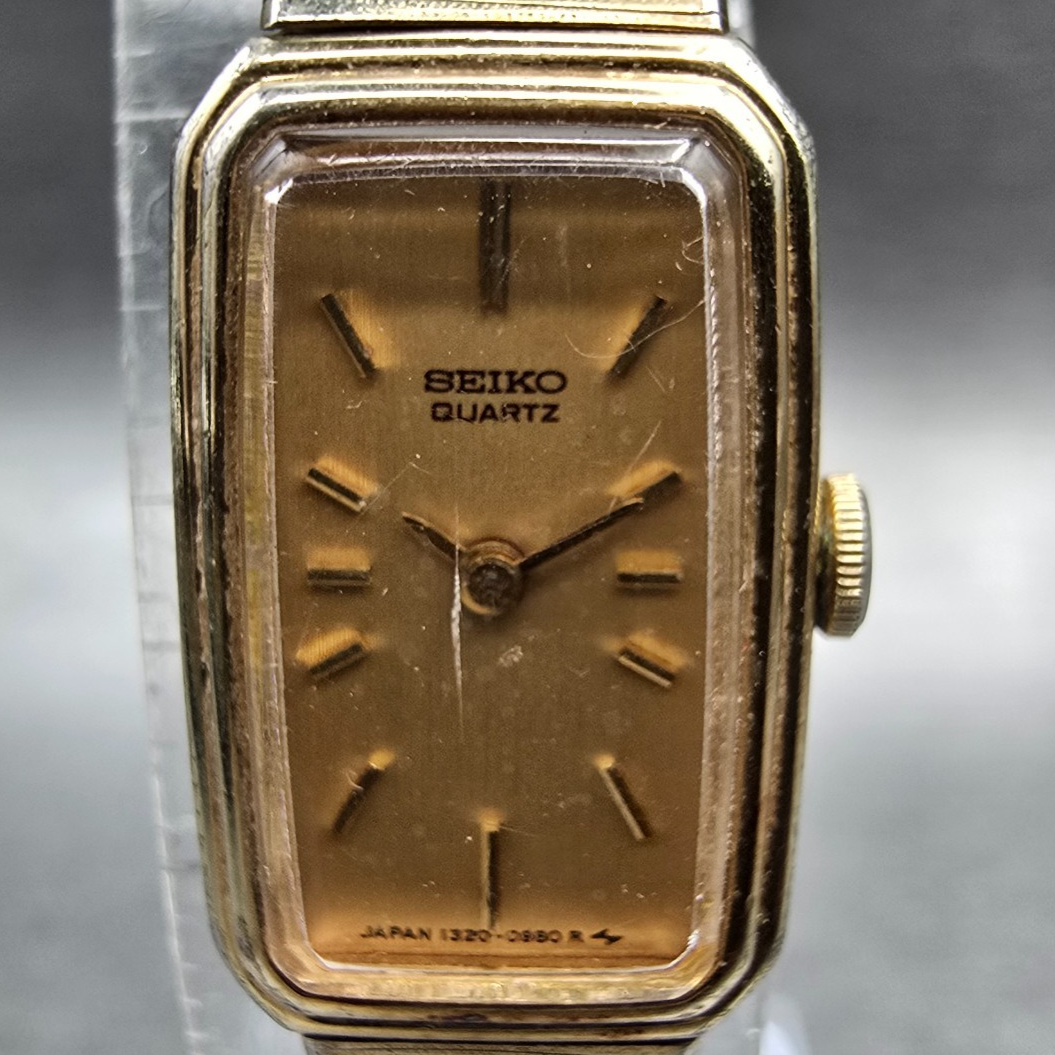 Seiko Watch Women 13mm Gold Dial Gold Tone Rectangle 1320-5779 New Battery JP1