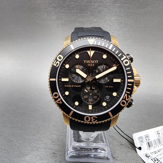 Tissot Seastar Chronograph Watch Men 45mm Black Dial Rose Gold Tone Date Works