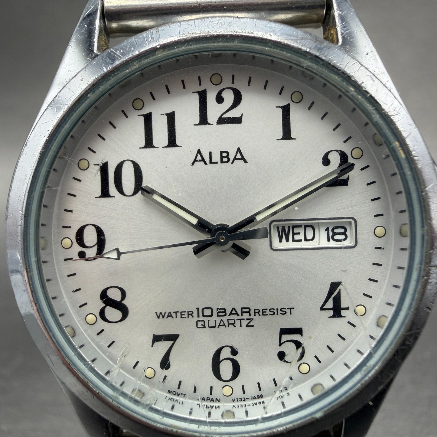 Seiko Alba Watch Men 35mm Silver Dial Silver Tone Daydate V733-7A70 New Battery11