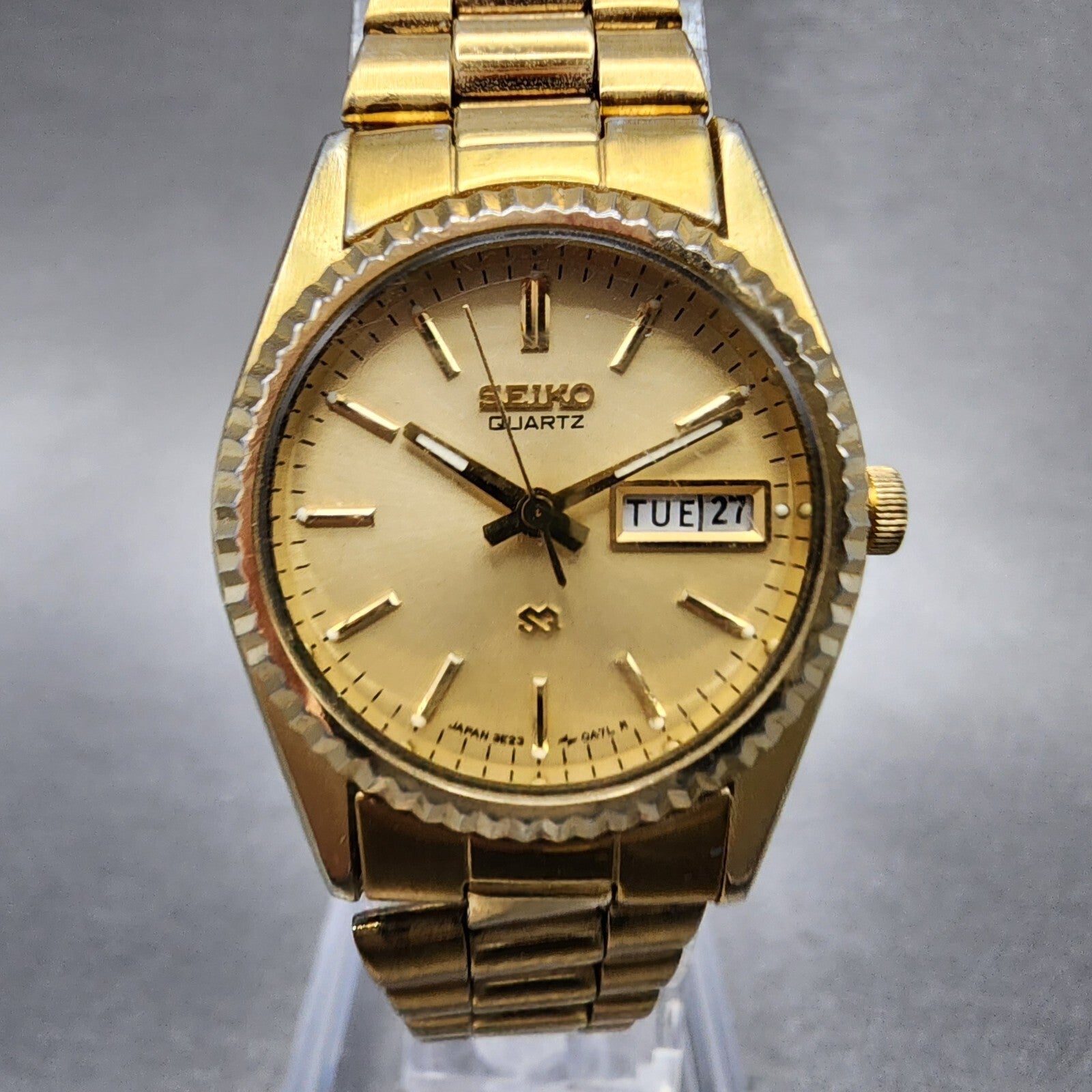 Seiko SQ Watch Women 24mm Gold Dial Gold Tone Daydate 24mm Round New Battery ABC0