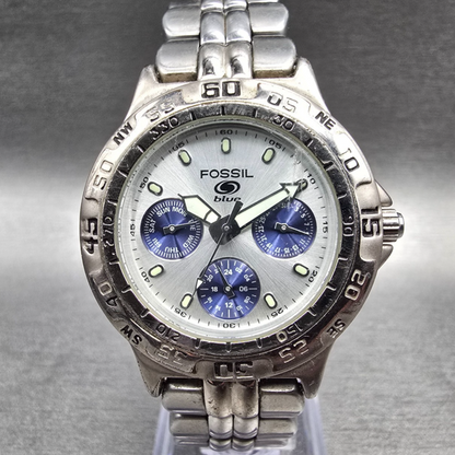 Fossil Blue Watch Men 35mm Silver Dial Silver Tone Daydate Round BQ-9022 New Bat0