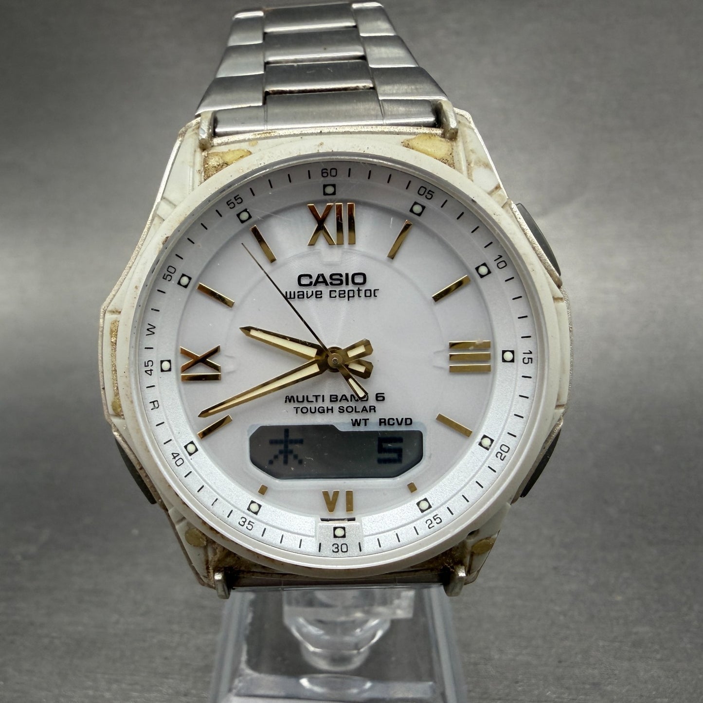 Casio Wave Ceptor Watch Men 42mm White Dial Steel Solar Analog Digital READ Runs0