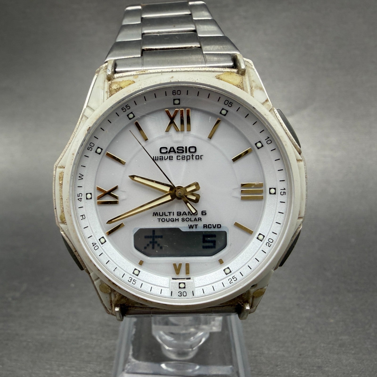 Casio Wave Ceptor Watch Men 42mm White Dial Steel Solar Analog Digital READ Runs0