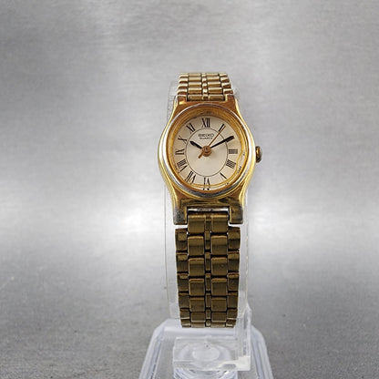 Seiko Watch Women 18mm White Dial Gold Tone Oval V4015109 New Battery VTG5