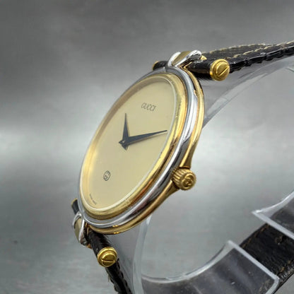 Gucci 4500m Watch Men 32mm Black Dial Gold Plated Round Leather Band New Batt AB2
