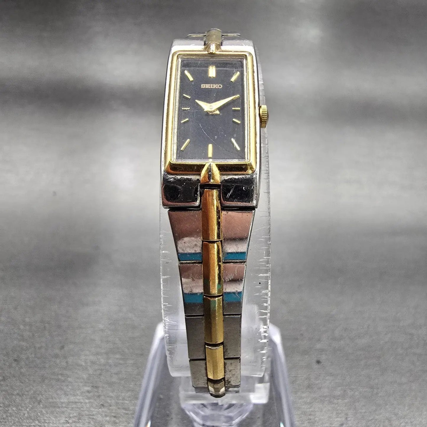 Seiko Watch Women 13mm Black Dial Gold Tone Rectangle 2E20-7479 New Battery VTG5