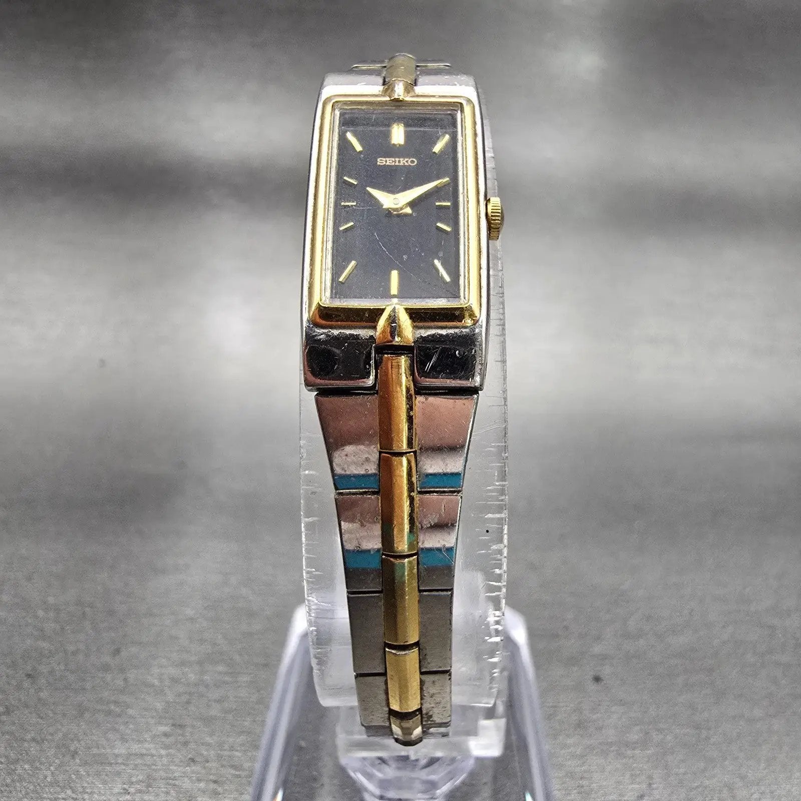 Seiko Watch Women 13mm Black Dial Gold Tone Rectangle 2E20-7479 New Battery VTG5