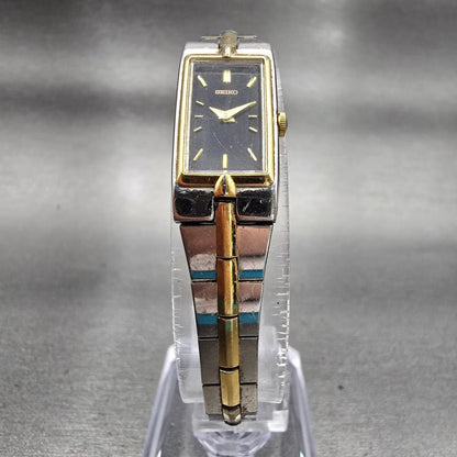 Seiko Watch Women 13mm Black Dial Gold Tone Rectangle 2E20-7479 New Battery VTG5