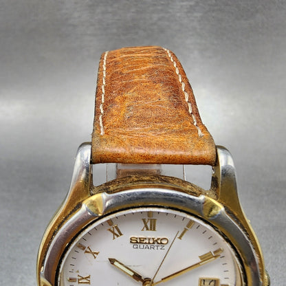 Seiko AGS Watch Men 37mm White Dial Gold Tone Date Round 7M22-8A29 PARTS