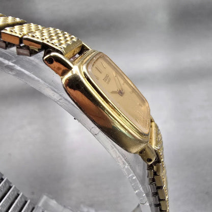 Seiko Watch Women 17mm Gold Dial Gold Tone Rectangle 2Y00-5B49 New Battery VTG F3