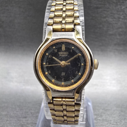 Seiko SX Watch Women 19mm Black Dial Gold Tone Round V401-0281 New Battery JP10