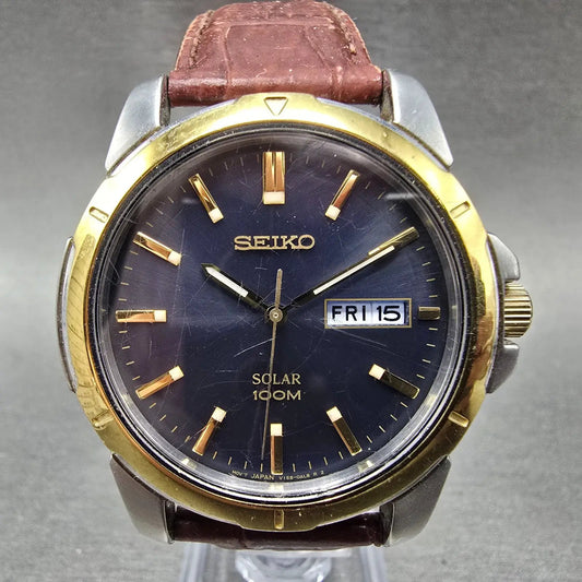 Seiko Solar Watch Men 39mm Blue Dial Two Tone Daydate Round V158-0AD0 Runs 1230