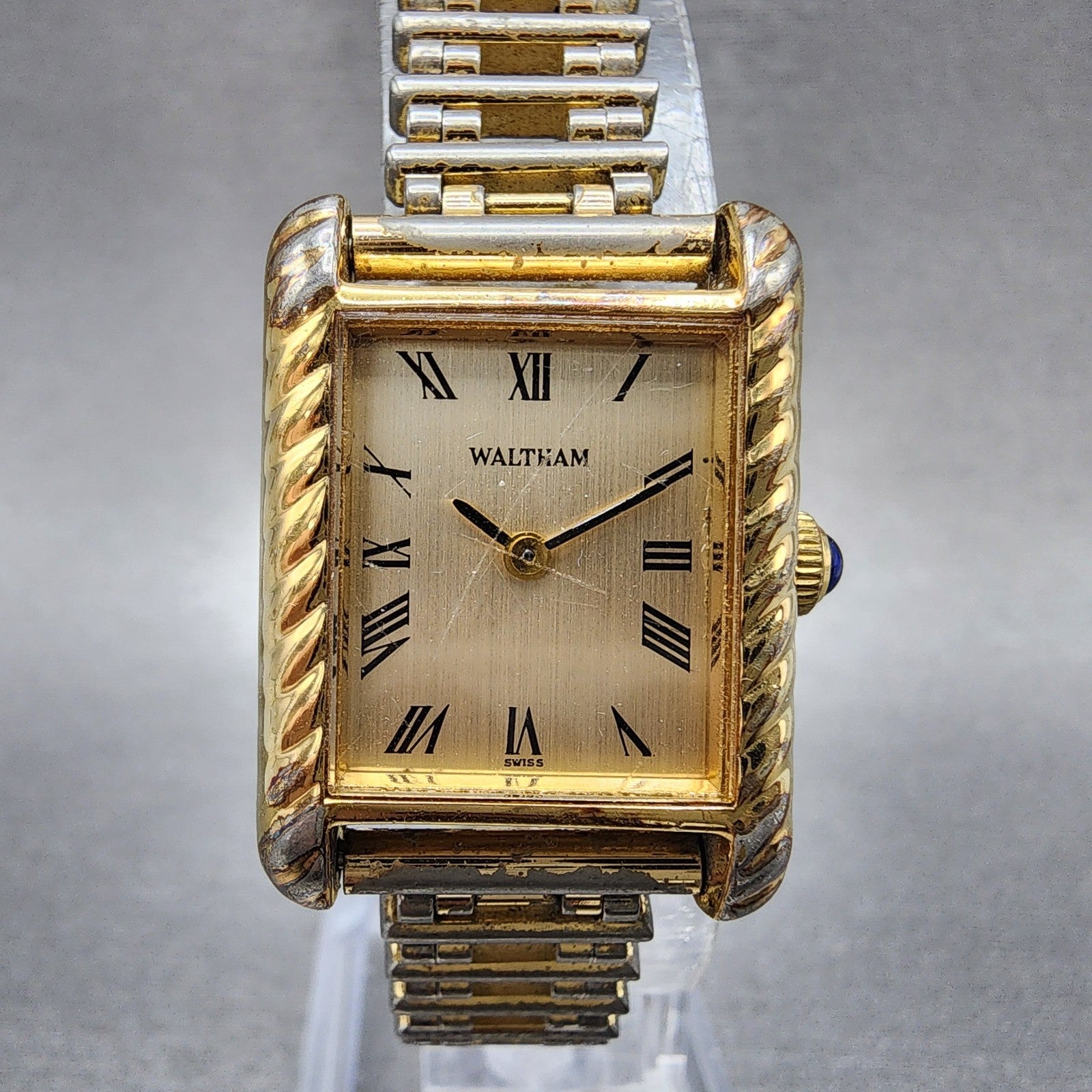 Waltham Tank Watch Women 21mm Champagne Dial Gold Tone Rectangle Manual Runs0