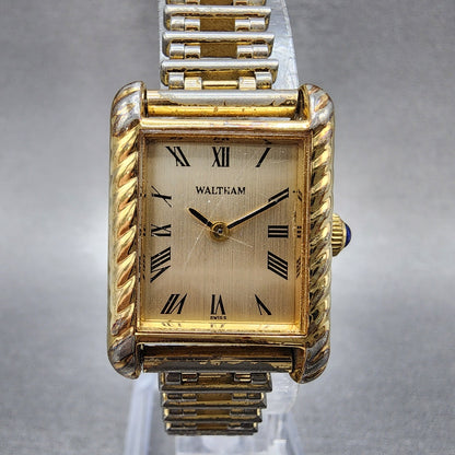 Waltham Tank Watch Women 21mm Champagne Dial Gold Tone Rectangle Manual Runs0