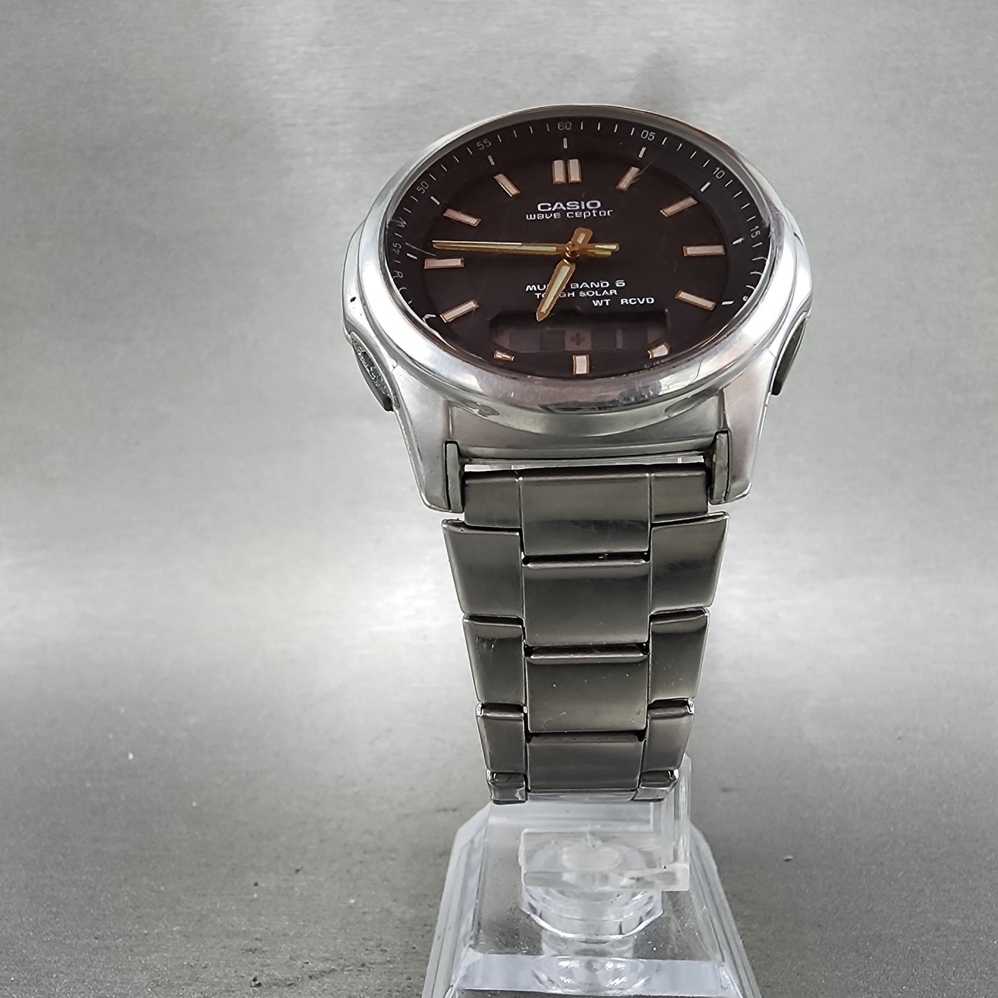 Casio Wave Ceptor Watch Men 42mm Black Dial Steel Solar Analog Digital Works NHB5