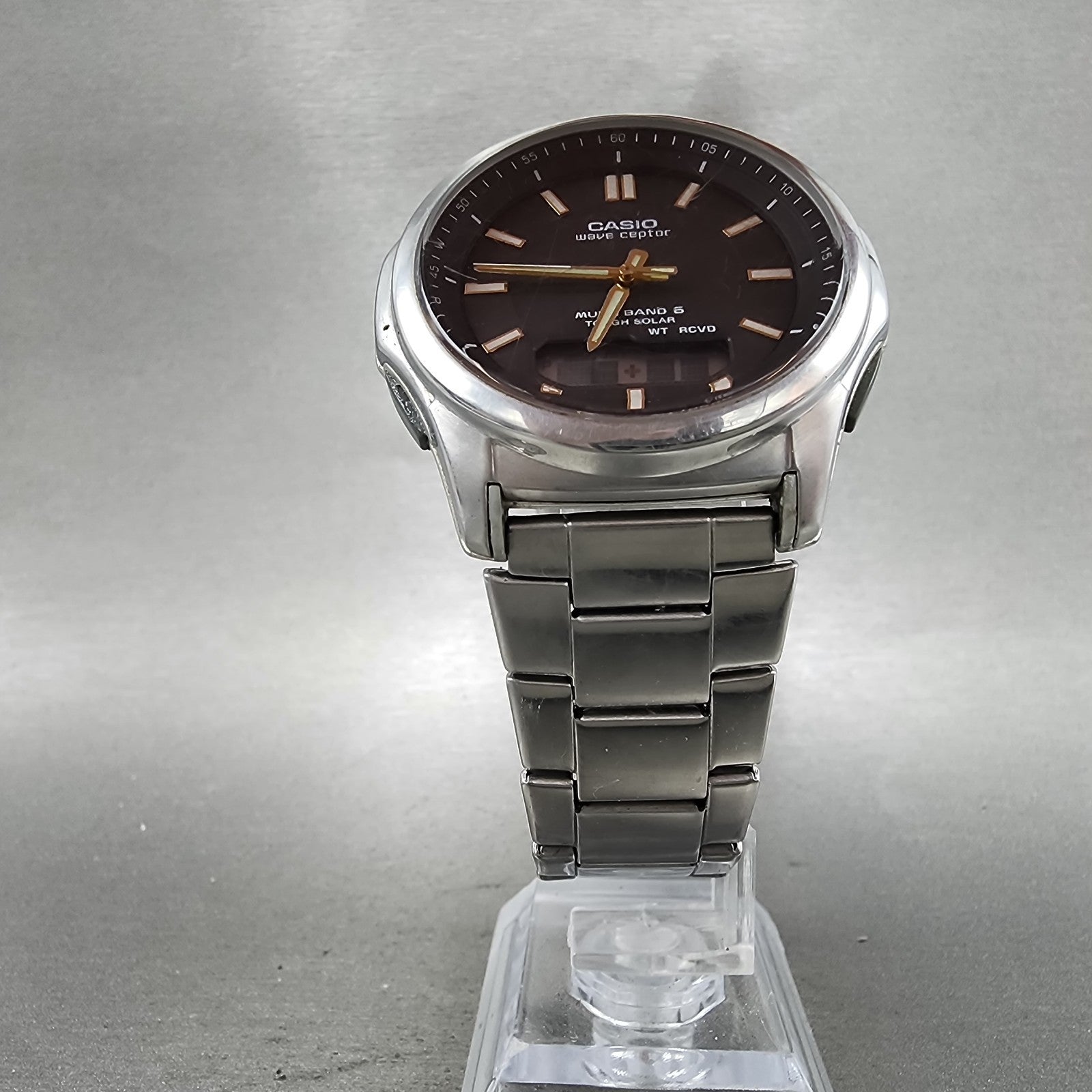 Casio Wave Ceptor Watch Men 42mm Black Dial Steel Solar Analog Digital Works NHB5