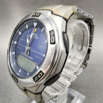 Casio Wave Ceptor Watch Men 41mm Blue Dial Silver Tone Analog Digital WVA105h2