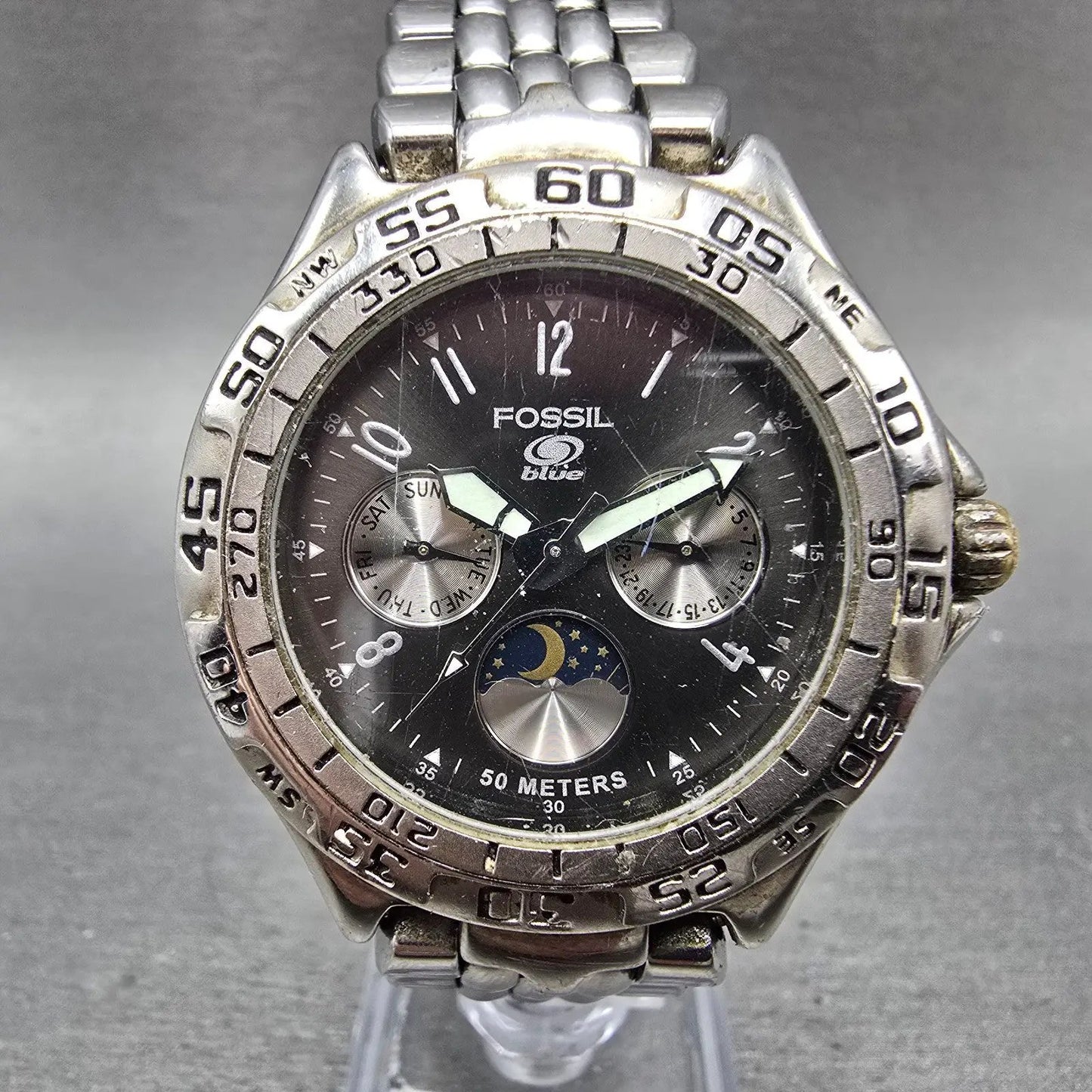 Fossil Blue Watch Men 40mm Black Dial Silver tone Daydate BQ-8777 New Battery KJ0