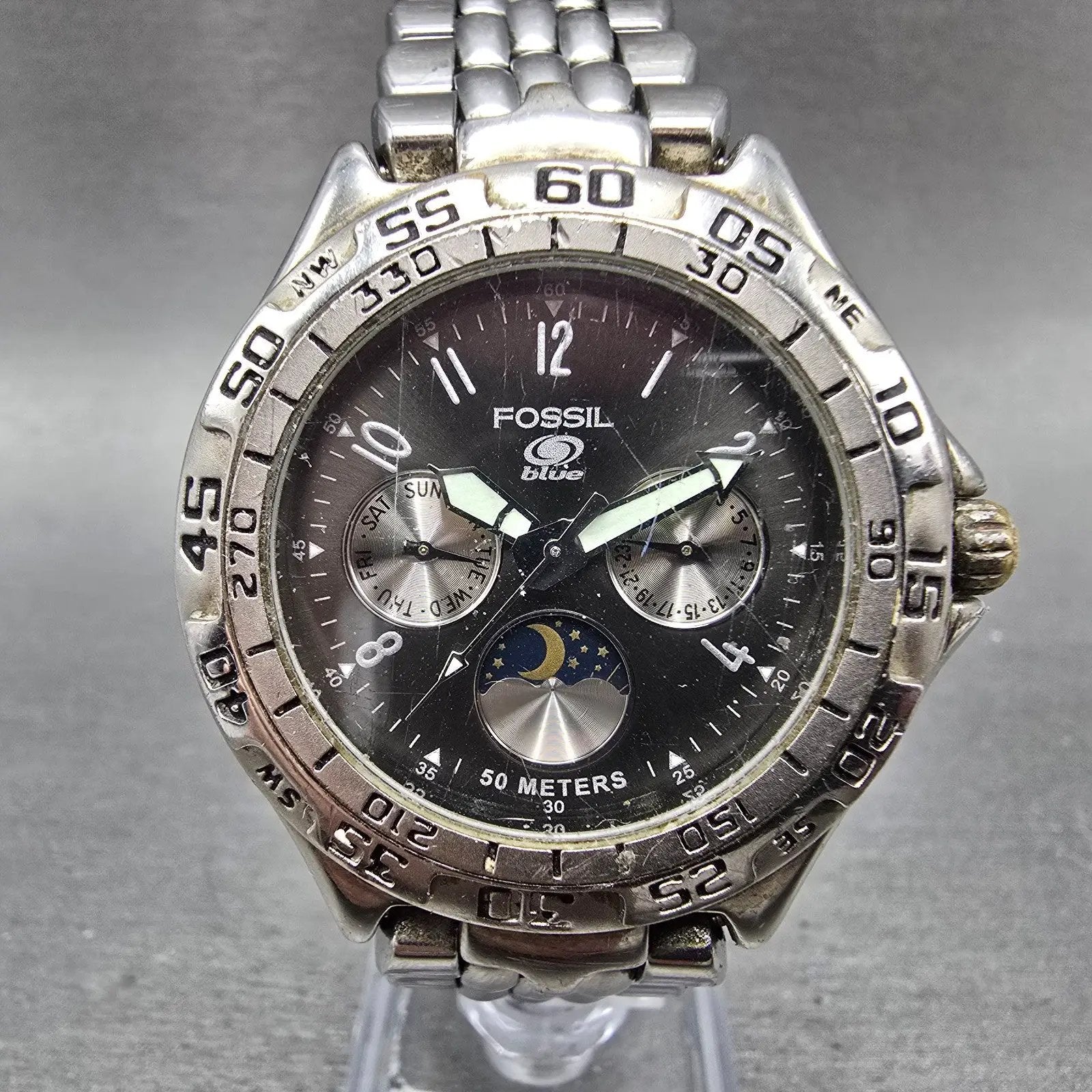 Fossil Blue Watch Men 40mm Black Dial Silver tone Daydate BQ-8777 New Battery KJ0