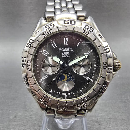 Fossil Blue Watch Men 40mm Black Dial Silver tone Daydate BQ-8777 New Battery KJ0
