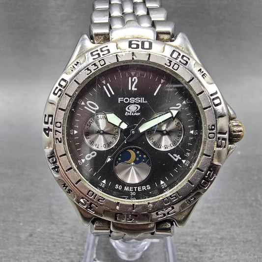 Fossil Blue Watch Men 40mm Black Dial Silver tone Daydate BQ-8777 New Battery KJ0