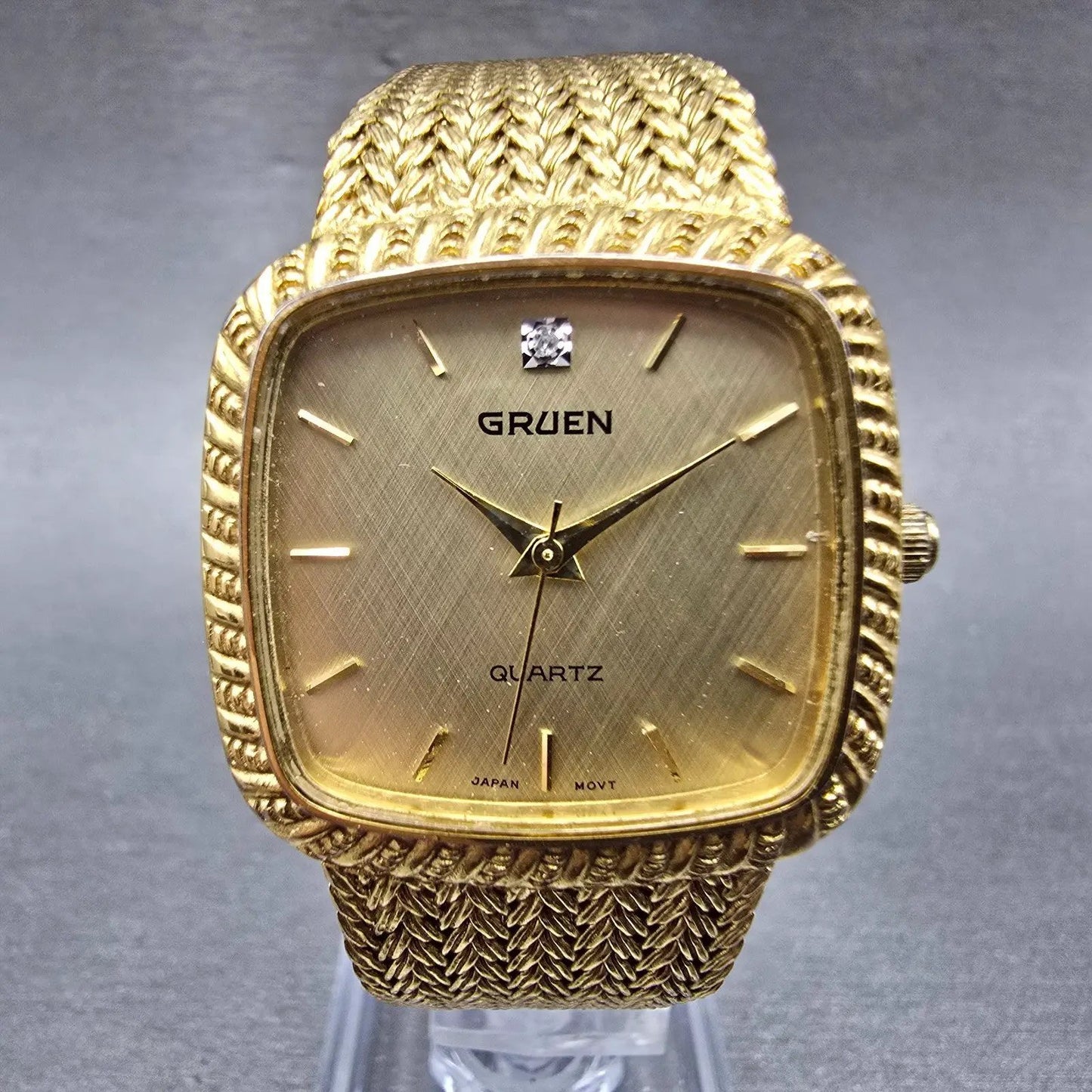 Gruen Tank Watch Men 30mm Gold Dial Gold Tone Rectangle New Battery VTG0