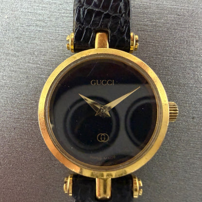 Gucci 2000L Watch Women 22mm Black Dial Gold Plated Round New Battery VTG READ!!1
