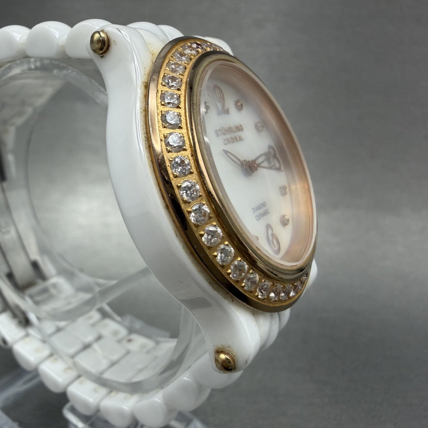 Stuhrling Fusion Watch Women 35mm MOP Dial Whiter Ceramic Diamond Bezel New Batt3