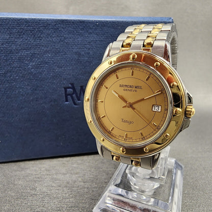 Raymond Weil Tango Watch Men 36mm Gold Dial Two Tone Date Round 5560 New battery0
