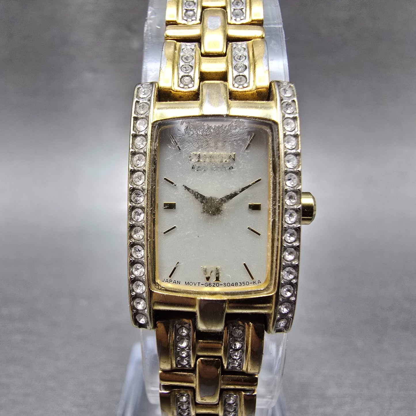 Citizen Eco-Drive Tank Watch Women 15mm White Dial Gold Tone G620-S028728 Runs0