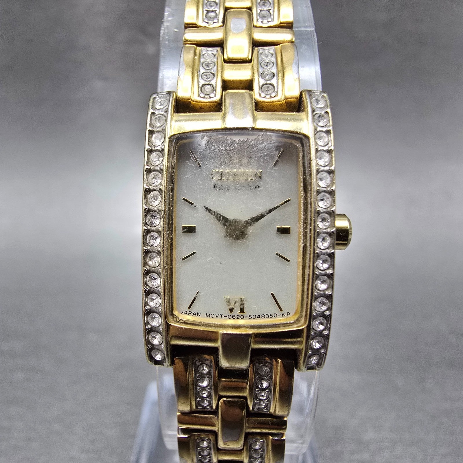 Citizen Eco-Drive Tank Watch Women 15mm White Dial Gold Tone G620-S028728 Runs0
