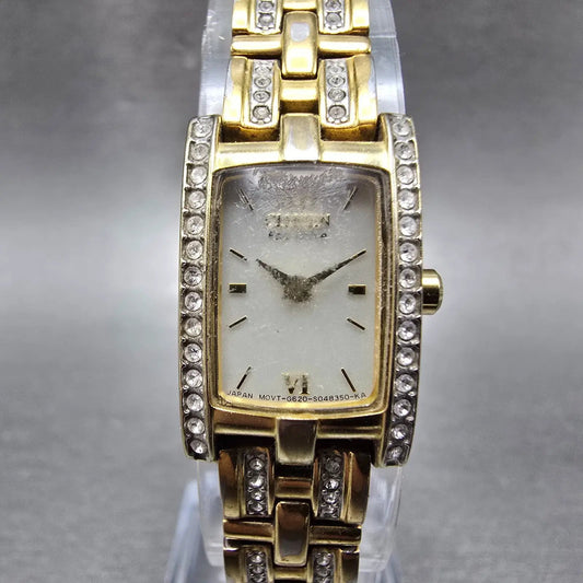 Citizen Eco-Drive Tank Watch Women 15mm White Dial Gold Tone G620-S028728 Runs0