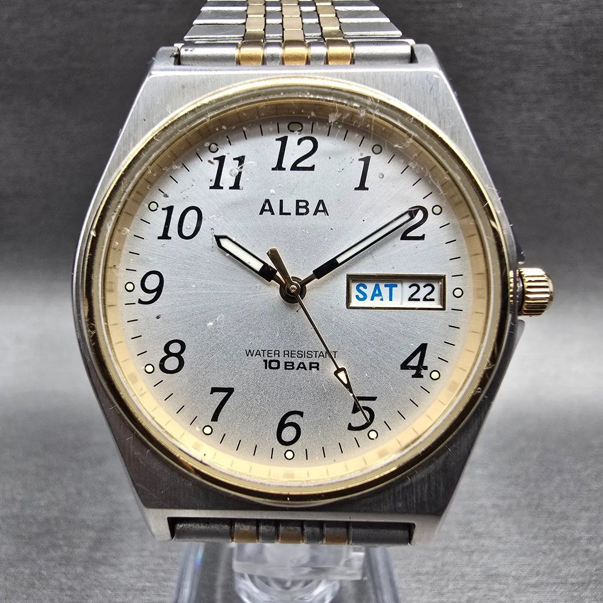 Seiko Alba Watch Men 35mm Silver Dial Two Tone Daydate 7N43-K001 New Battery1