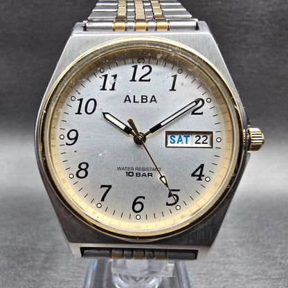 Seiko Alba Watch Men 35mm Silver Dial Two Tone Daydate 7N43-K001 New Battery1