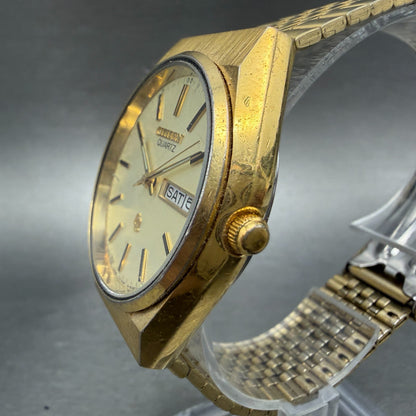 Citizen CQ Watch Men 35mm Champagne Dial Gold Tone Daydate READ!!!!! New Battery2