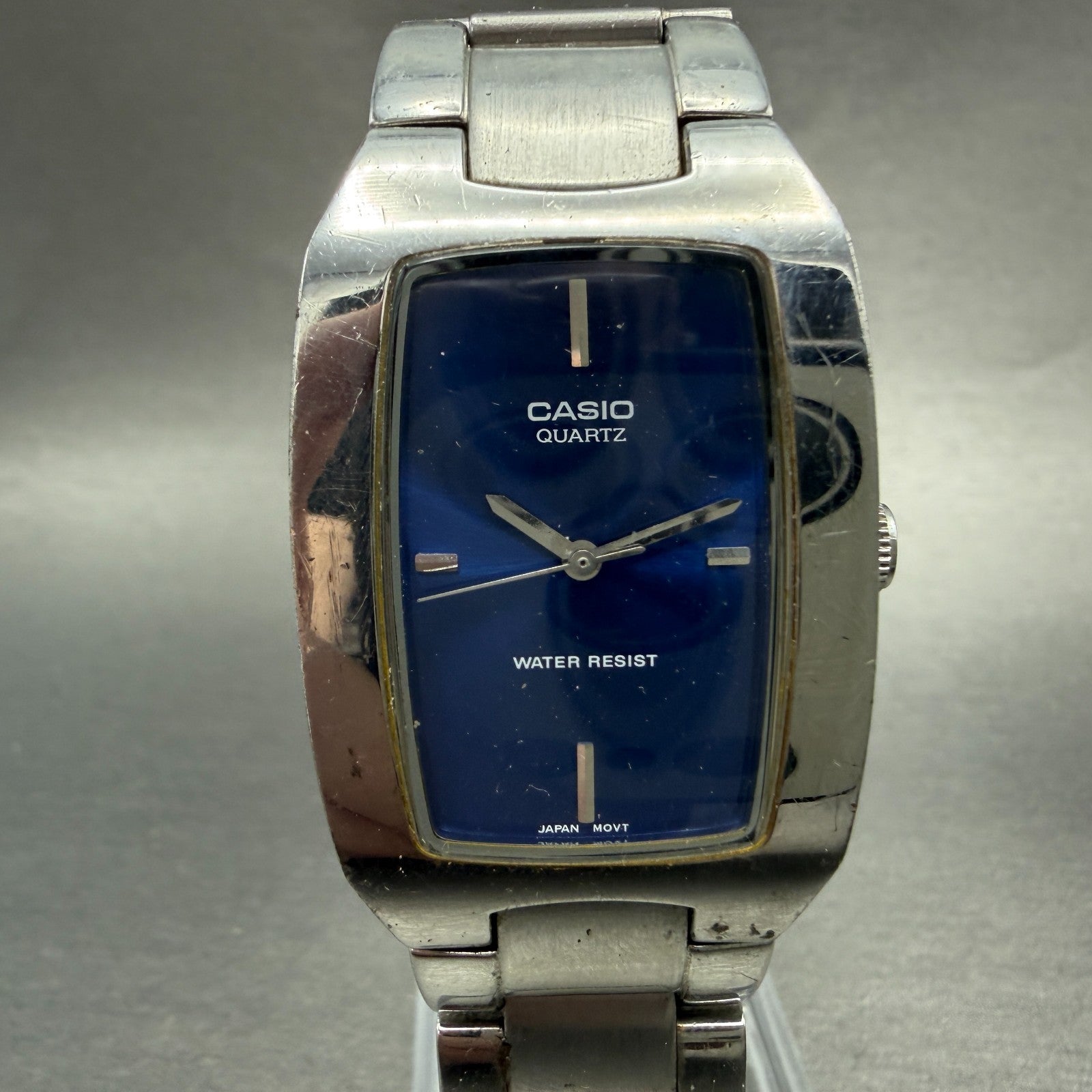 Casio Tank Watch Men 27mm Blue Dial Silver Tone Rectangle MTP-1165 New Battery0