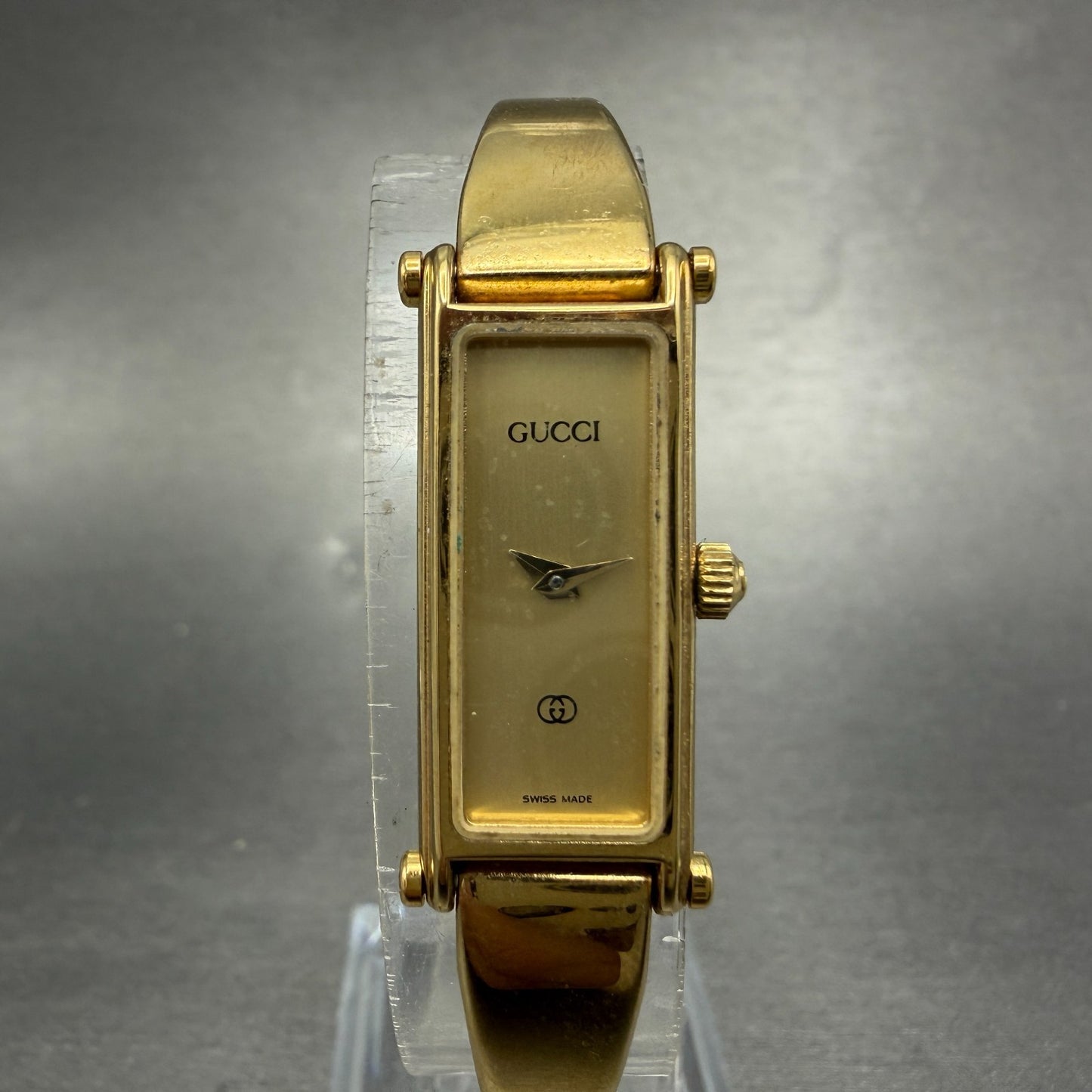 Gucci 1500L Tank Watch Women 12mm Gold Dial Gold Rectangle Bangle New Battery0