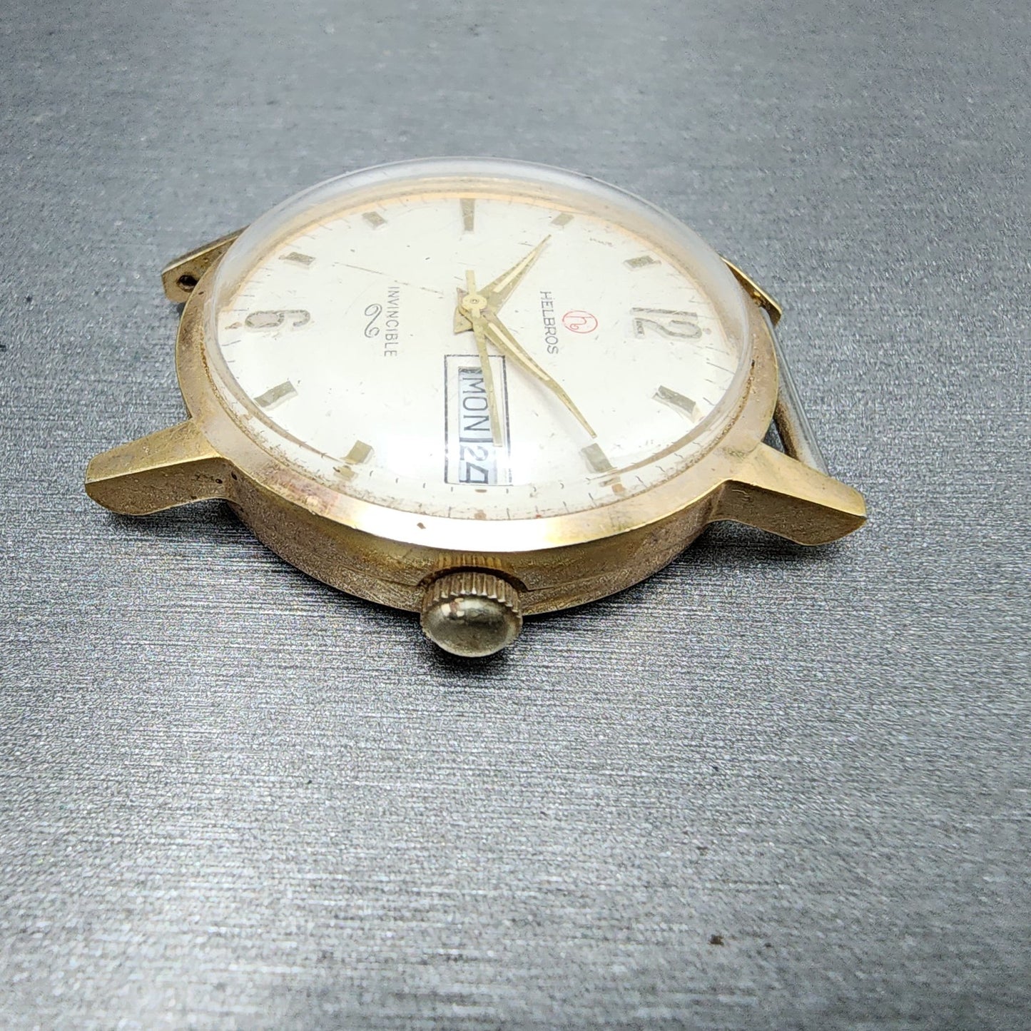 Helbros Watch Men 34mm White Dial Gold Tone Daydate Round Manual Wind Runs READ!5