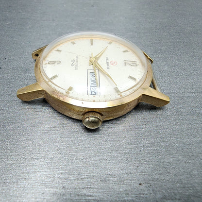 Helbros Watch Men 34mm White Dial Gold Tone Daydate Round Manual Wind Runs READ!5